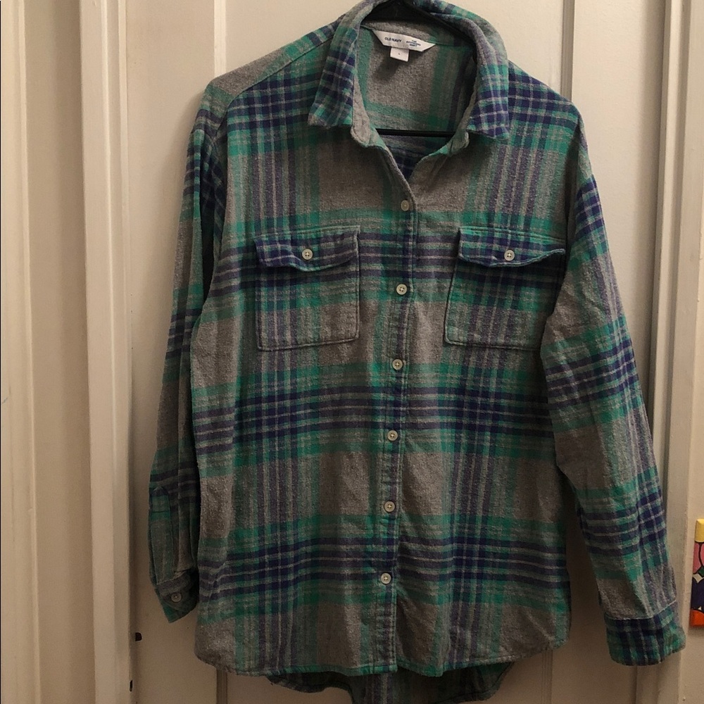 Old Navy Gray, Green & Blue Plaid Boyfriend Flannel